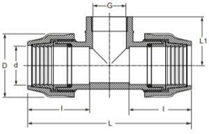 MDPE Tee Female Threaded Technical Breakdown Drawing